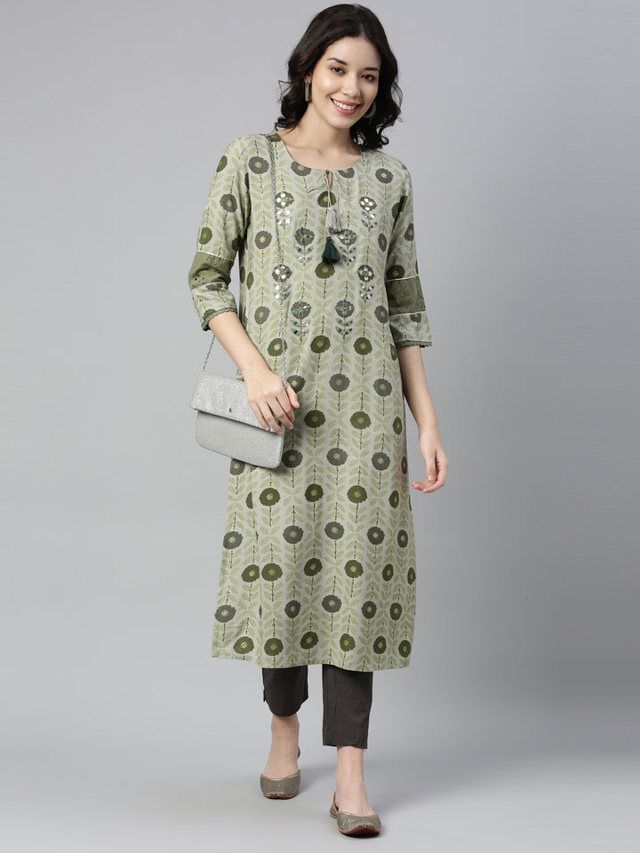 Neerus Green rayon mirror work kurti - detail view 1