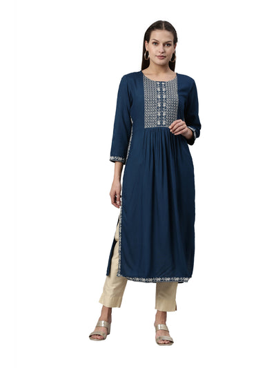 Neeru's Cobalt Color Slub Rayon Fabric Kurta