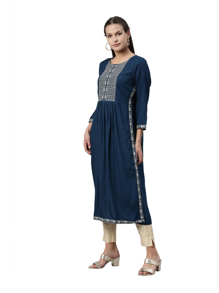 Neerus Blue slub rayon straight kurti - side view
