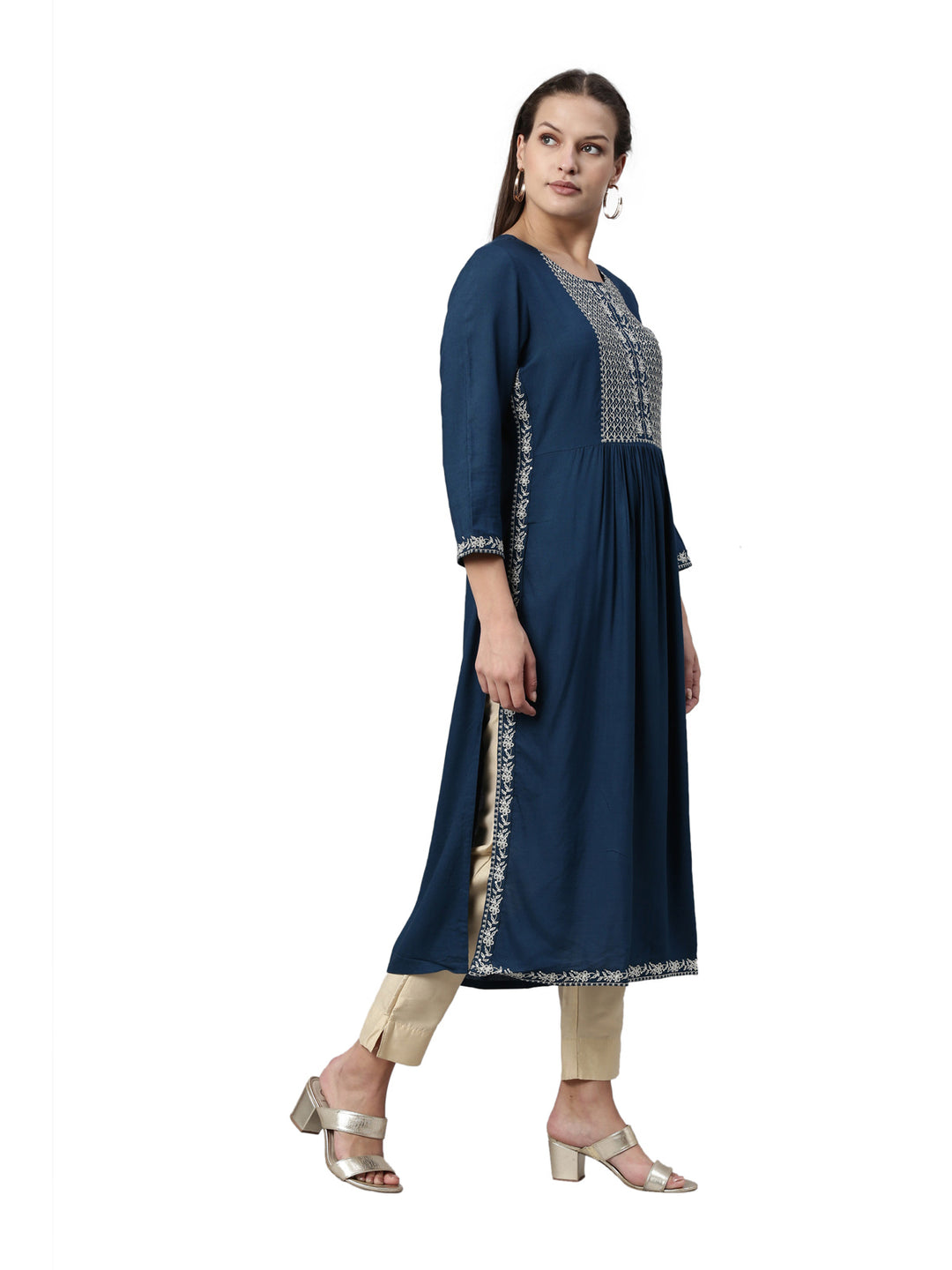 Neerus Blue slub rayon straight kurti - detail view 1