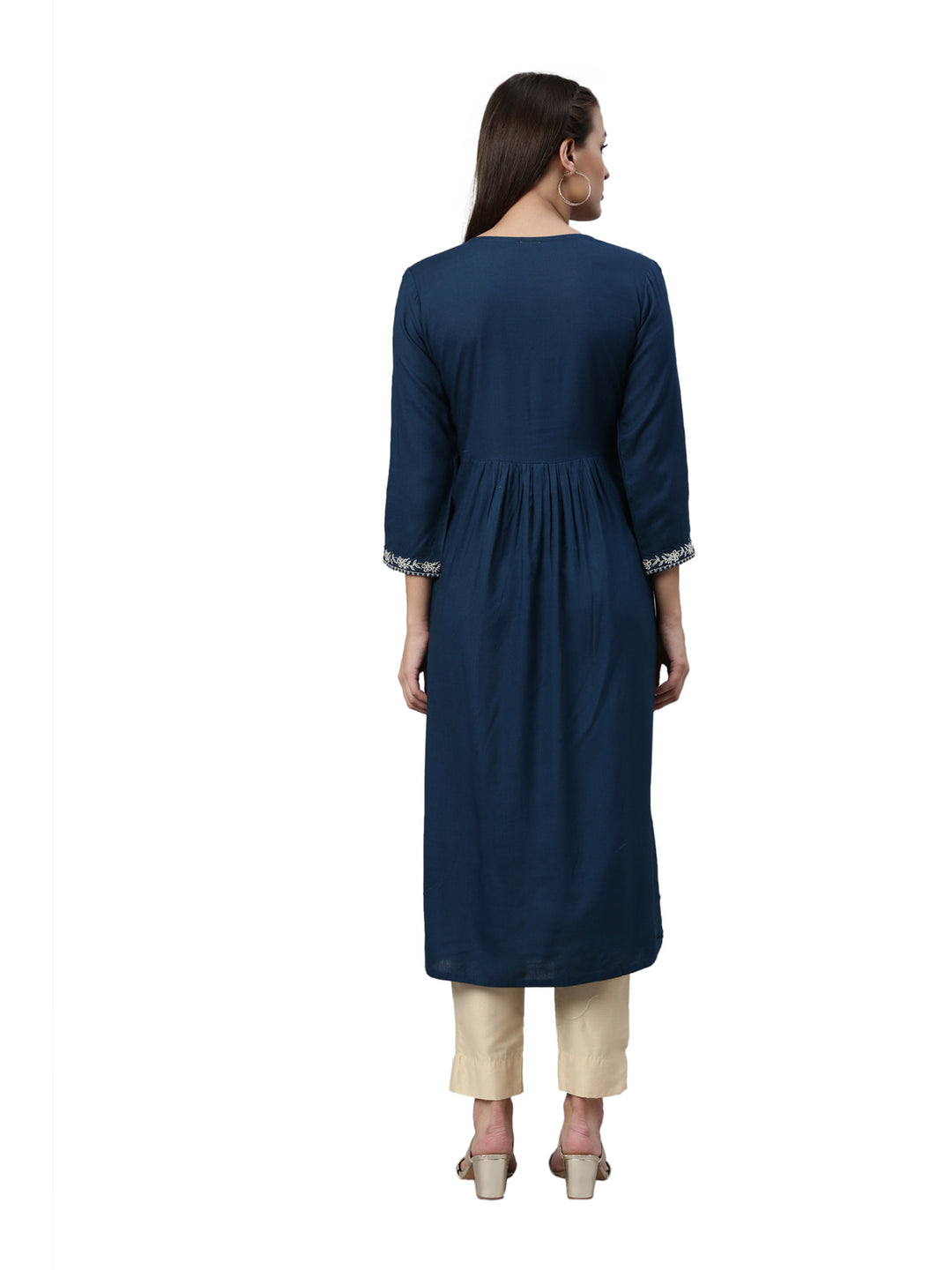 Neerus Blue slub rayon straight kurti - detail view 2