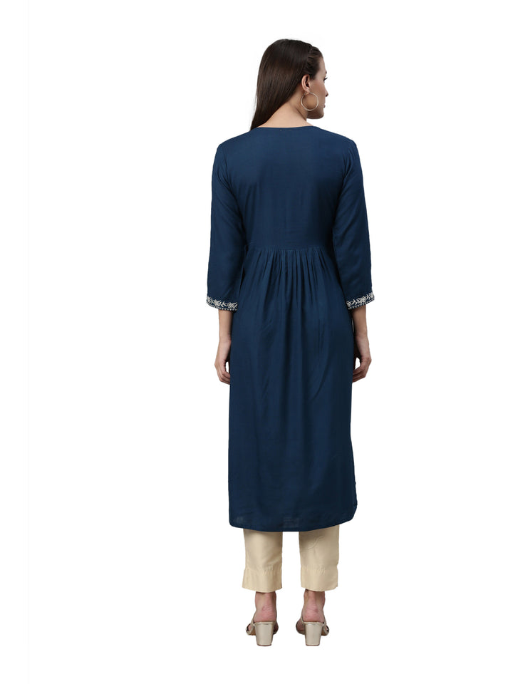 Neerus Blue slub rayon straight kurti - detail view 2