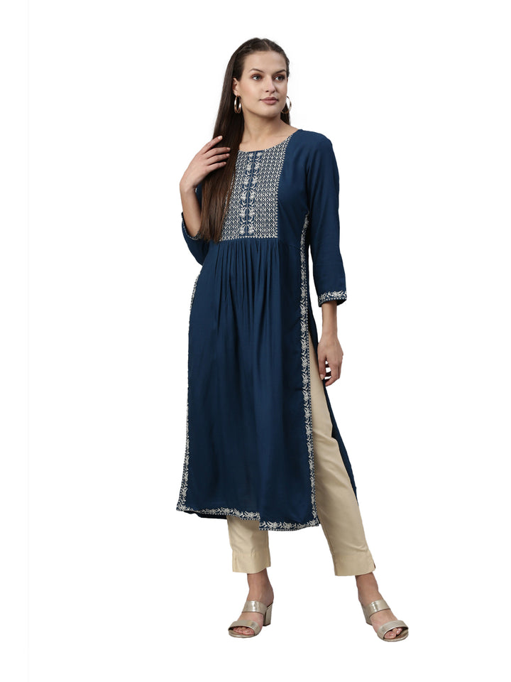 Neerus Blue slub rayon straight kurti - detail view 3