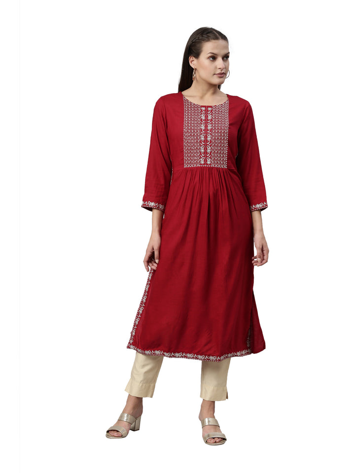 Neerus Maroon rayon solid straight kurta - front view