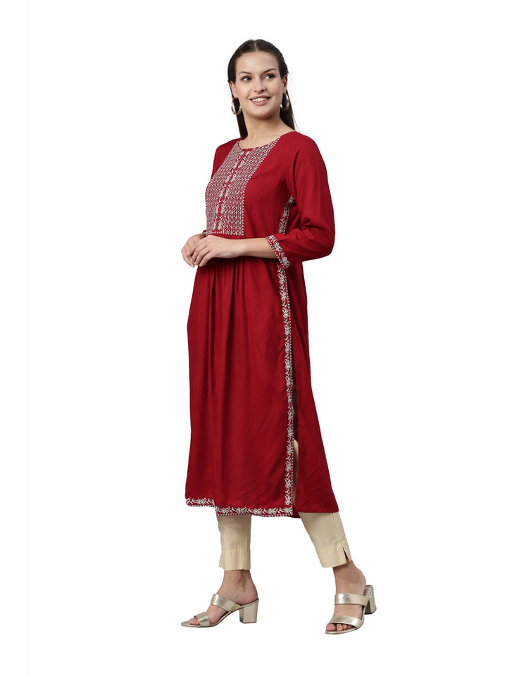 Neerus Maroon rayon solid straight kurta - side view