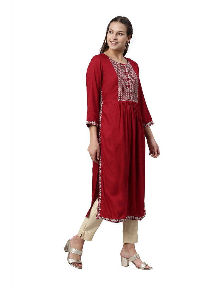 Neerus Maroon rayon solid straight kurta - detail view 1