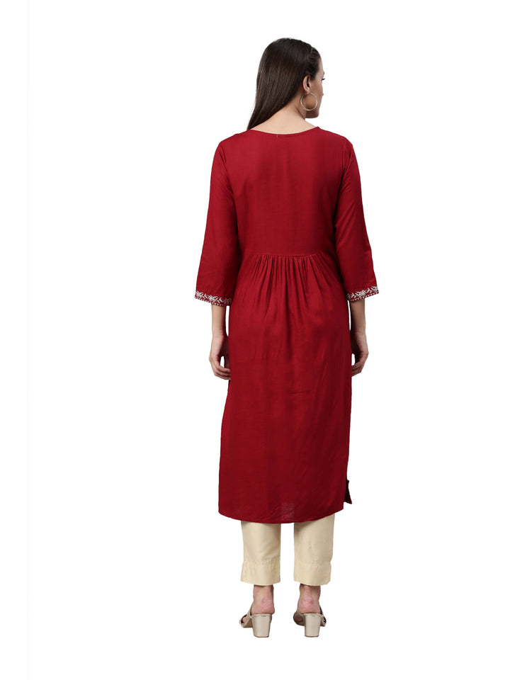 Neerus Maroon rayon solid straight kurta - detail view 2