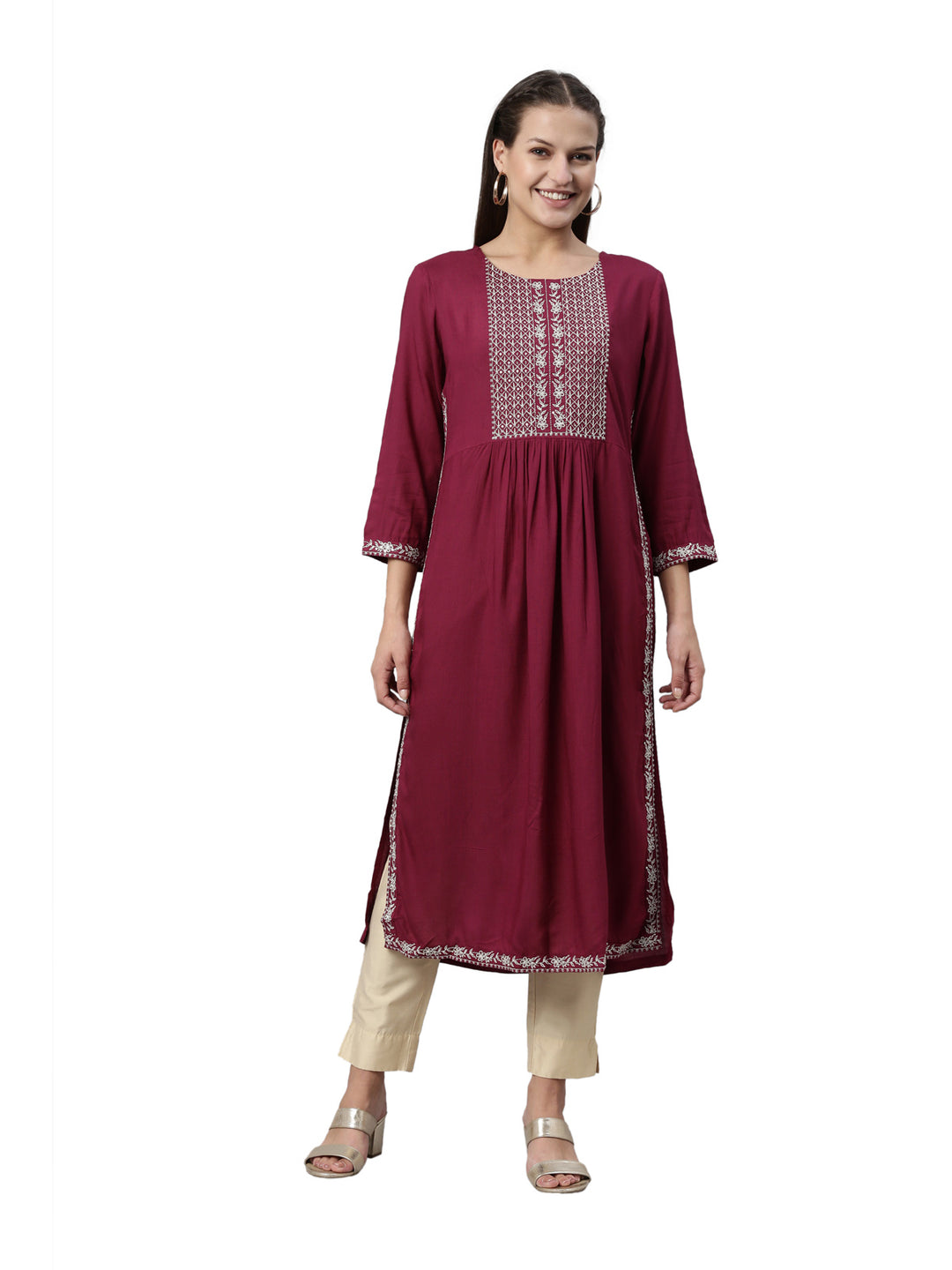 Neerus Wine Color Slub Rayon Fabric Kurta