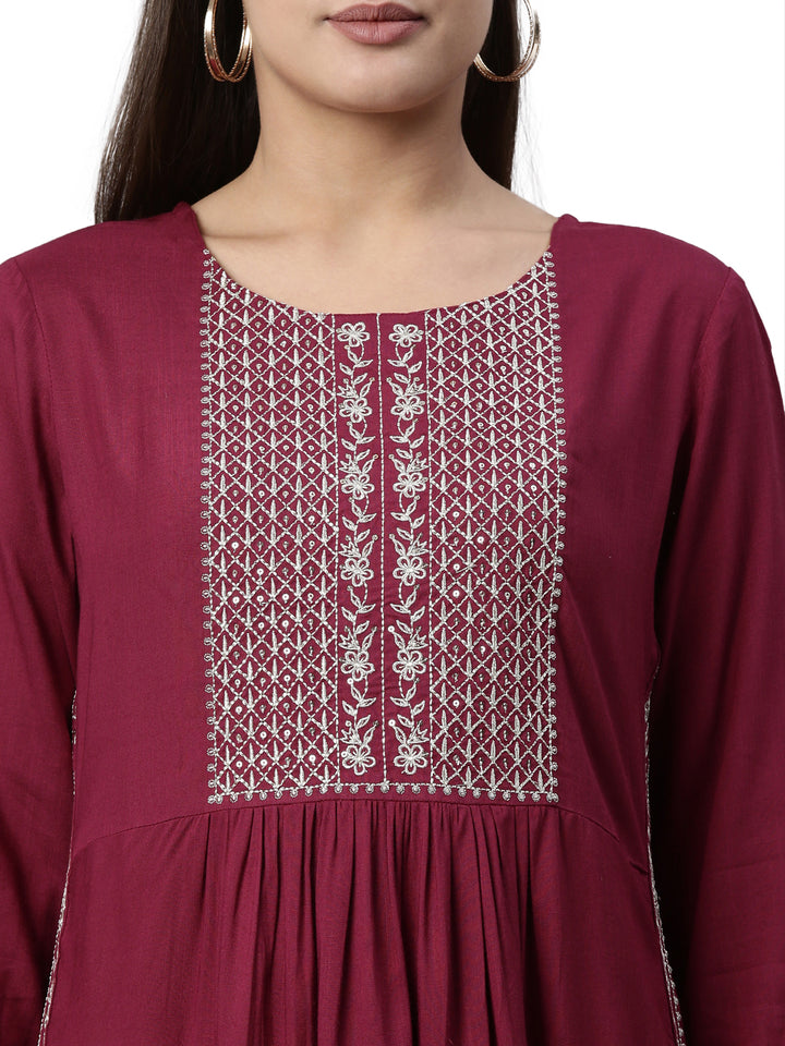 Neerus Wine Color Slub Rayon Fabric Kurta