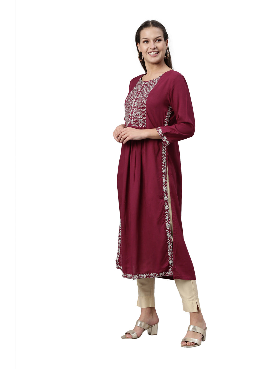 Neerus Wine Color Slub Rayon Fabric Kurta