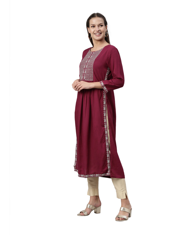 Neerus Wine Color Slub Rayon Fabric Kurta