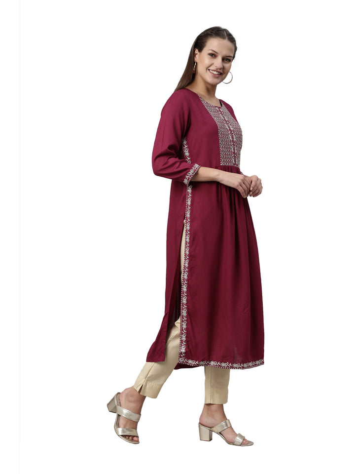Neerus Wine Color Slub Rayon Fabric Kurta