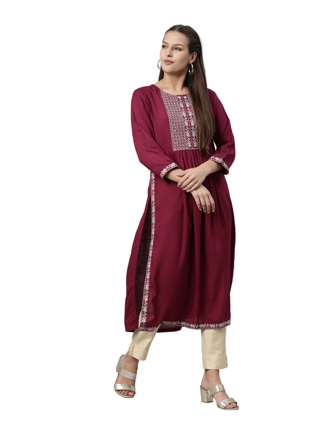 Neerus Wine Color Slub Rayon Fabric Kurta