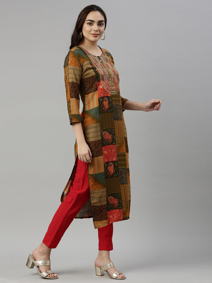 Neerus Printed Color Rayon Fabric Kurta