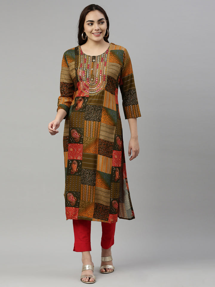Neerus Printed Color Rayon Fabric Kurta
