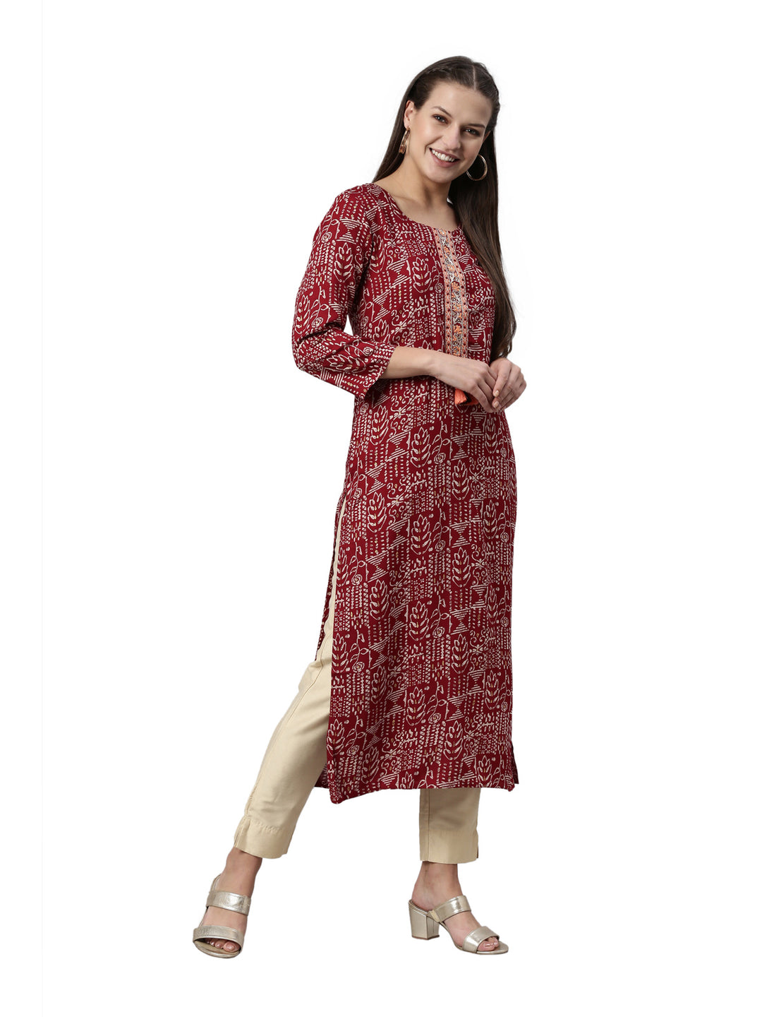 Neerus Maroon viscose rayon straight kurti - detail view 3
