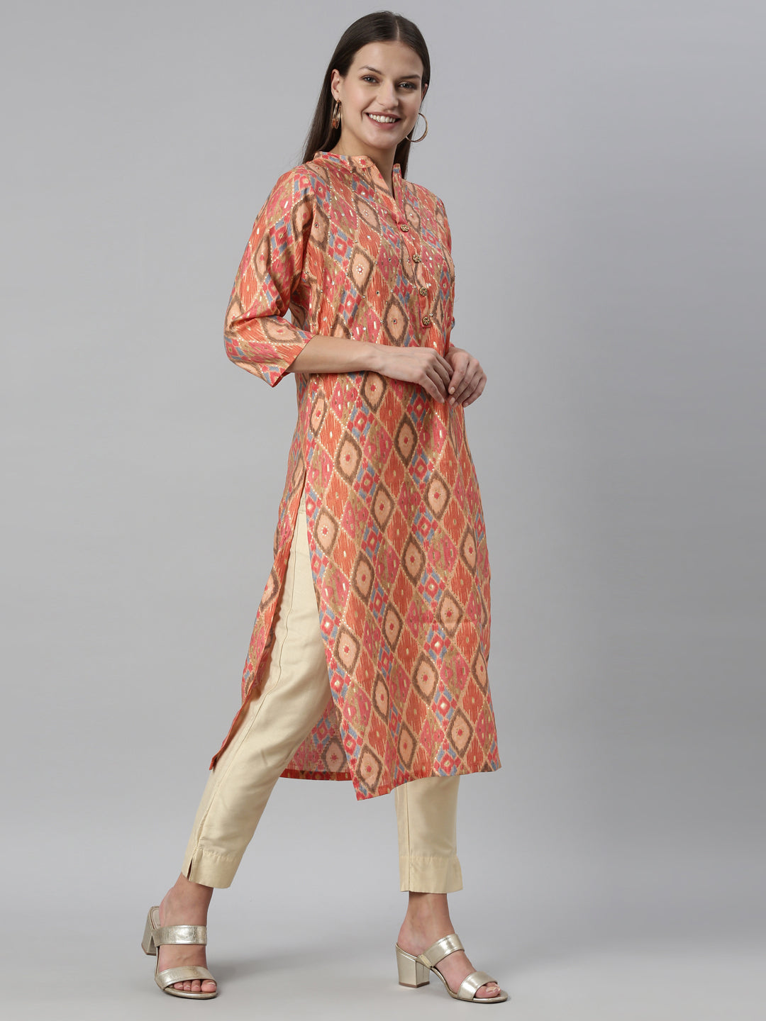 Neeru's Coral Color Model Fabric Kurta