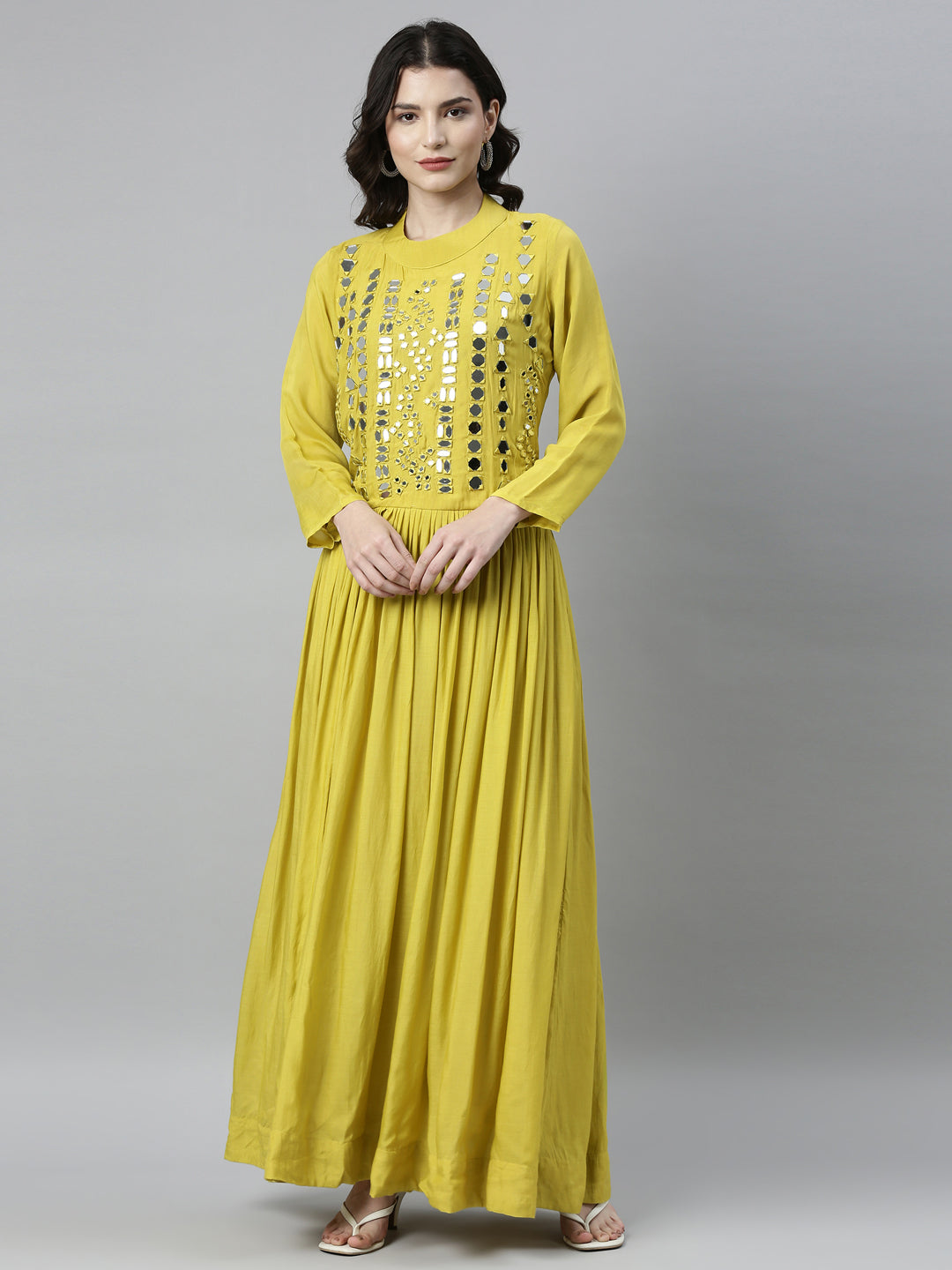 Neerus Yellow muslin solid kurti - front view
