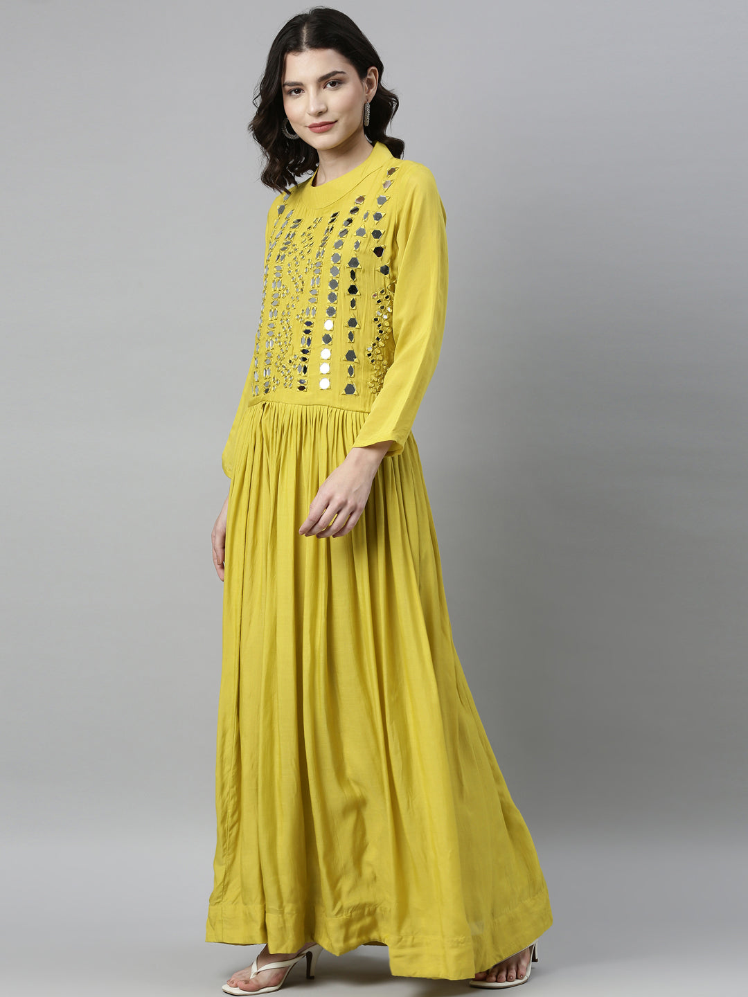 Neerus Yellow muslin solid kurti - side view