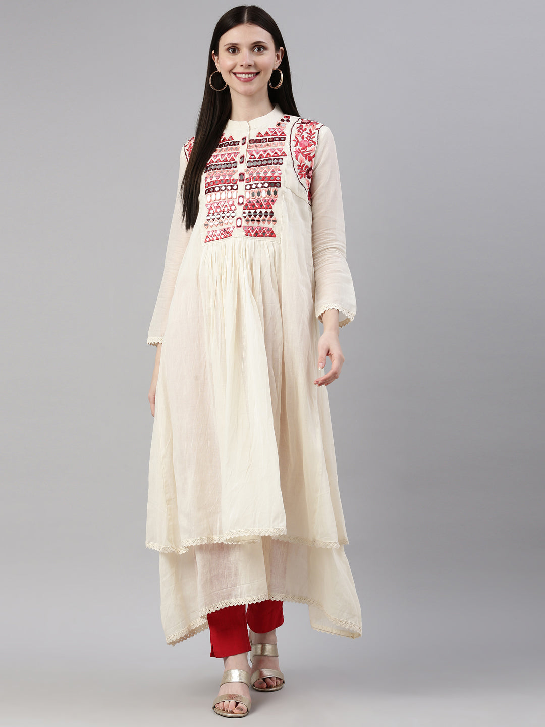 Neerus Beige chanderi embellished anarkali kurta - detail view 6