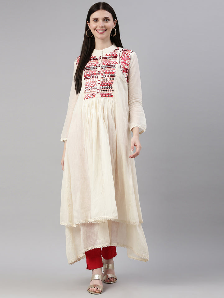 Neerus Beige chanderi embellished anarkali kurta - detail view 6