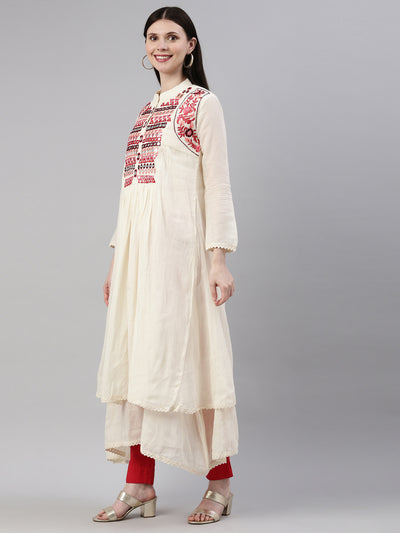Neeru'S Cream Color Chanderi Fabric Kurta