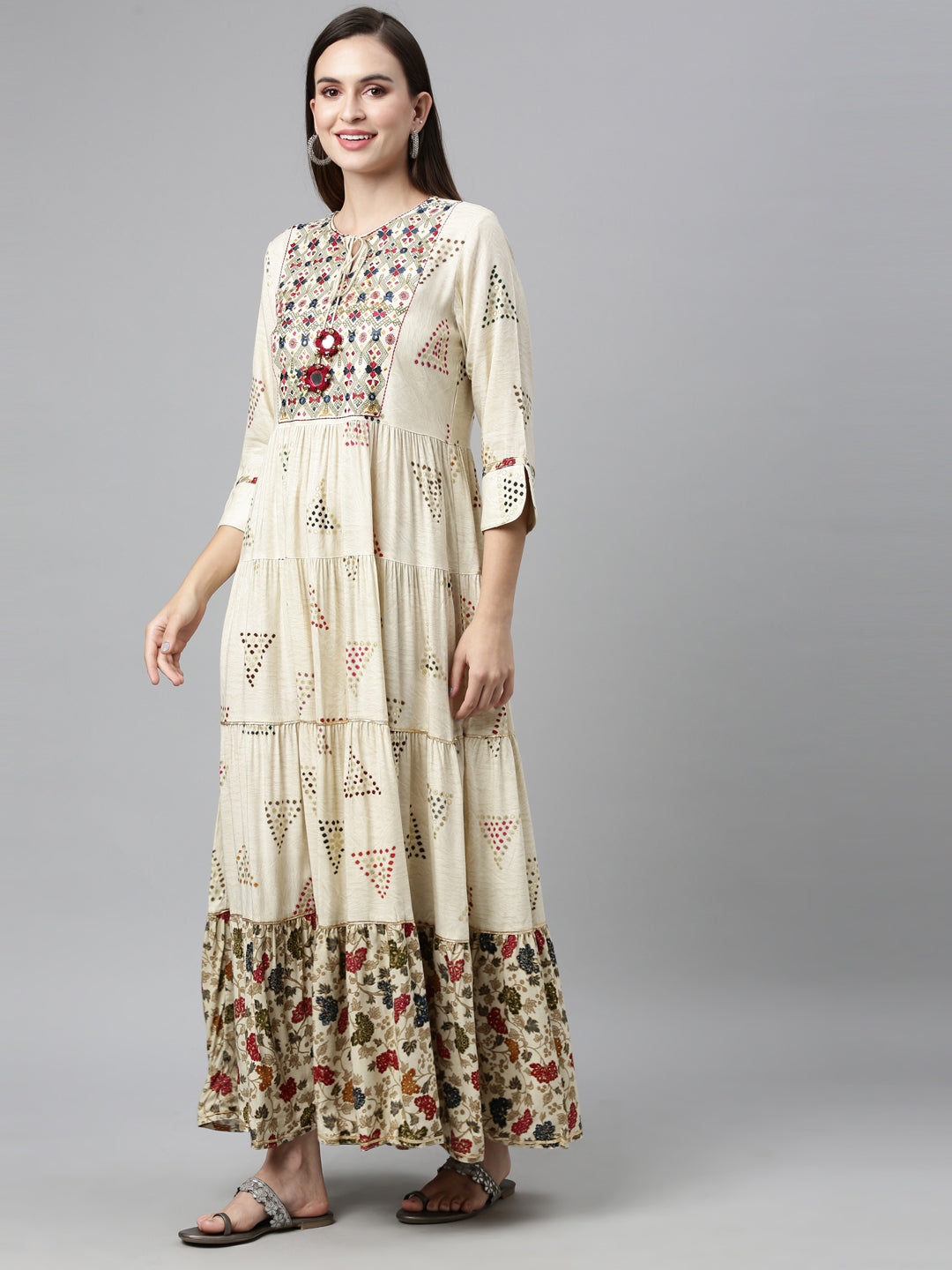 Neerus Beige rayon mirror work tiered kurti - front view