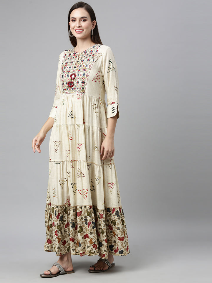 Neerus Beige rayon mirror work tiered kurti - front view