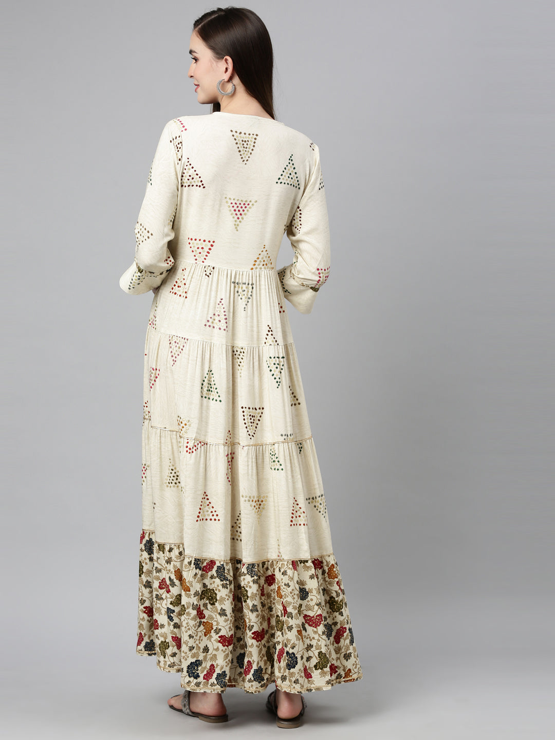 Neerus Beige rayon mirror work tiered kurti - back view