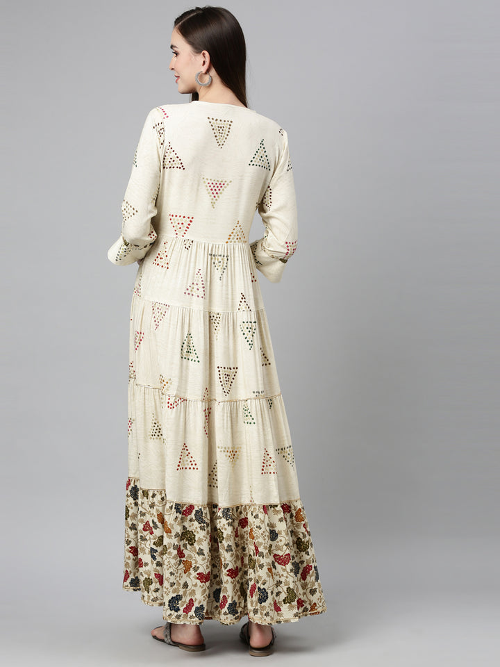Neerus Beige rayon mirror work tiered kurti - back view