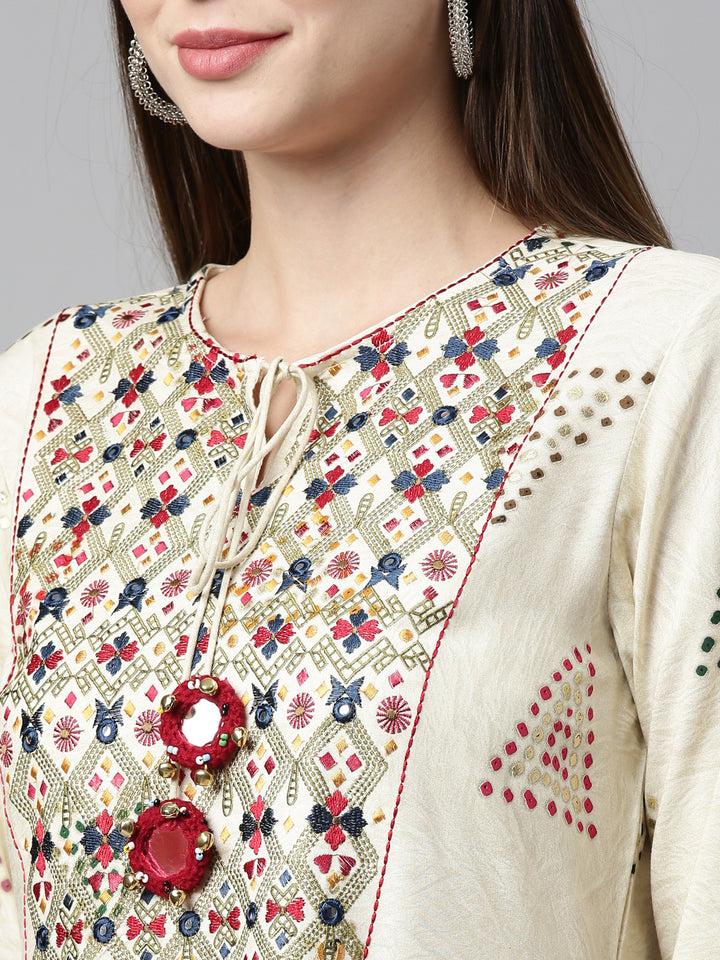 Neerus Beige rayon mirror work tiered kurti - side view