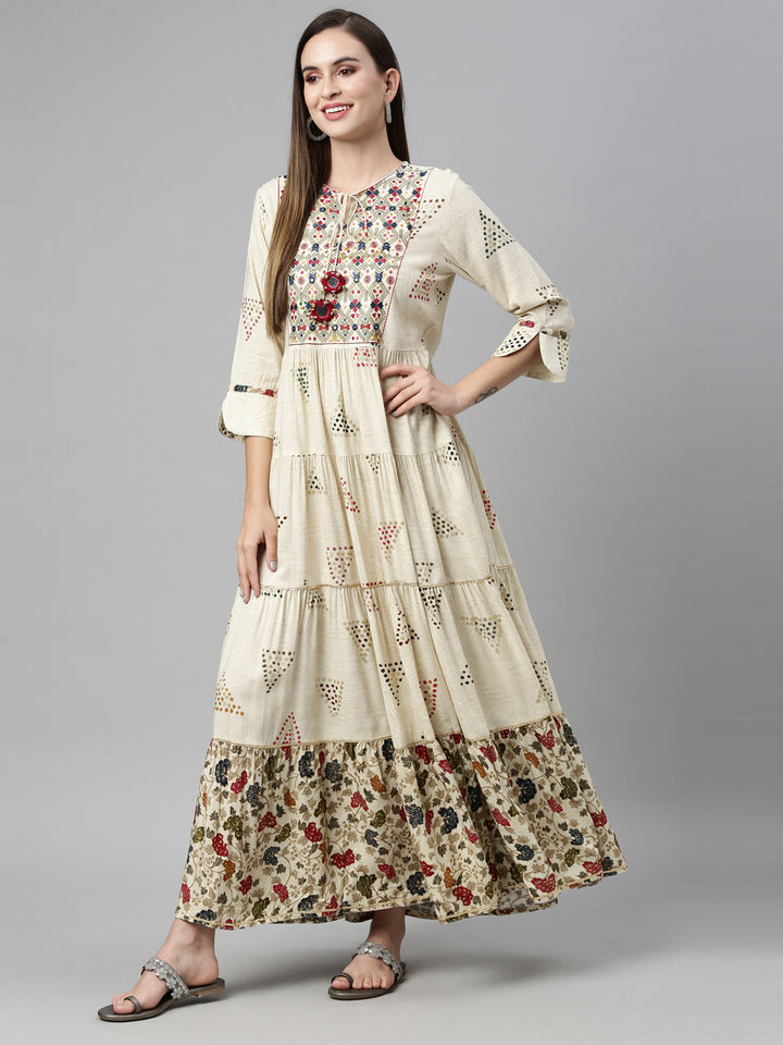 Neerus Beige rayon mirror work tiered kurti - detail view 1