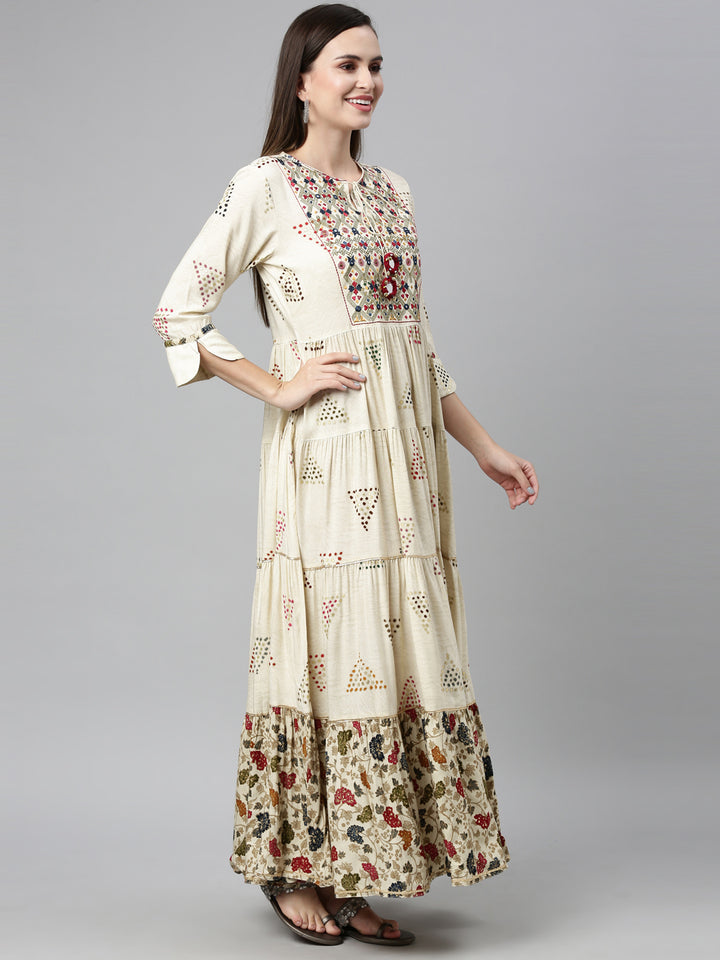 Neerus Beige rayon mirror work tiered kurti - detail view 2