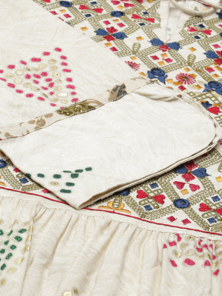 Neerus Beige rayon mirror work tiered kurti - detail view 4