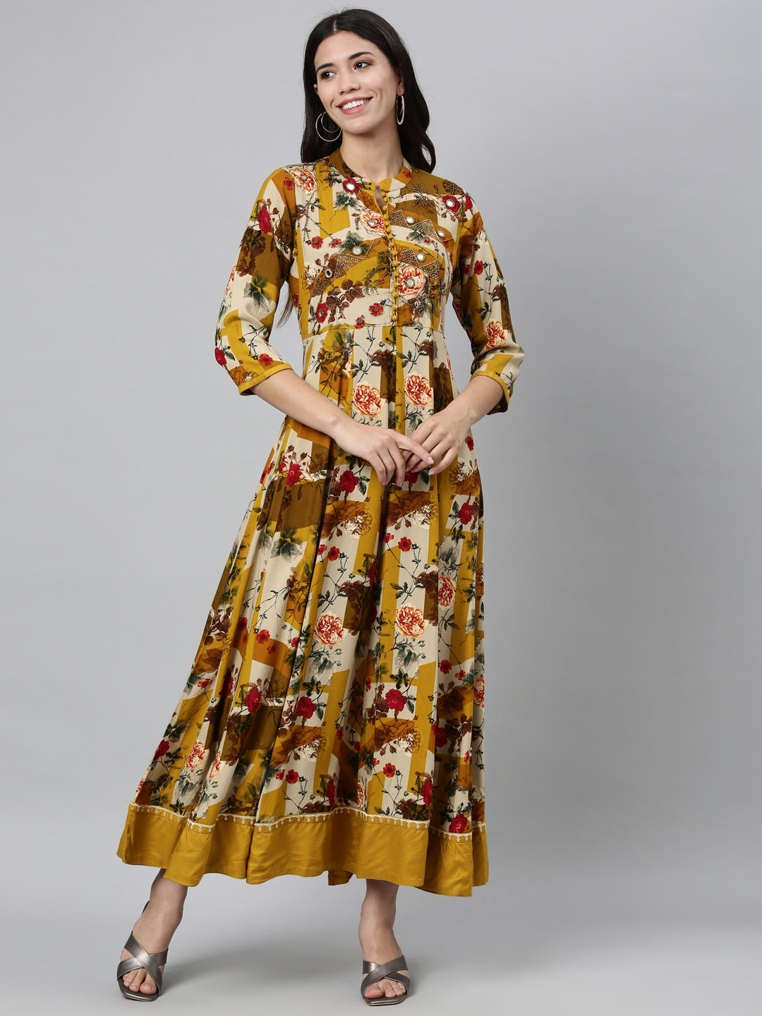 Neerus Yellow Rayon Mirror Work Kurti - detail view 4