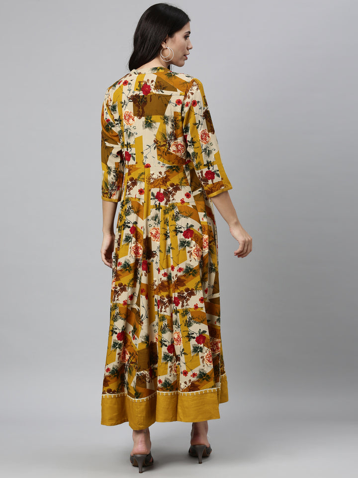 Neerus Yellow Rayon Mirror Work Kurti - back view