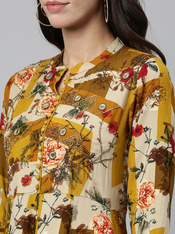 Neerus Yellow Rayon Mirror Work Kurti - side view