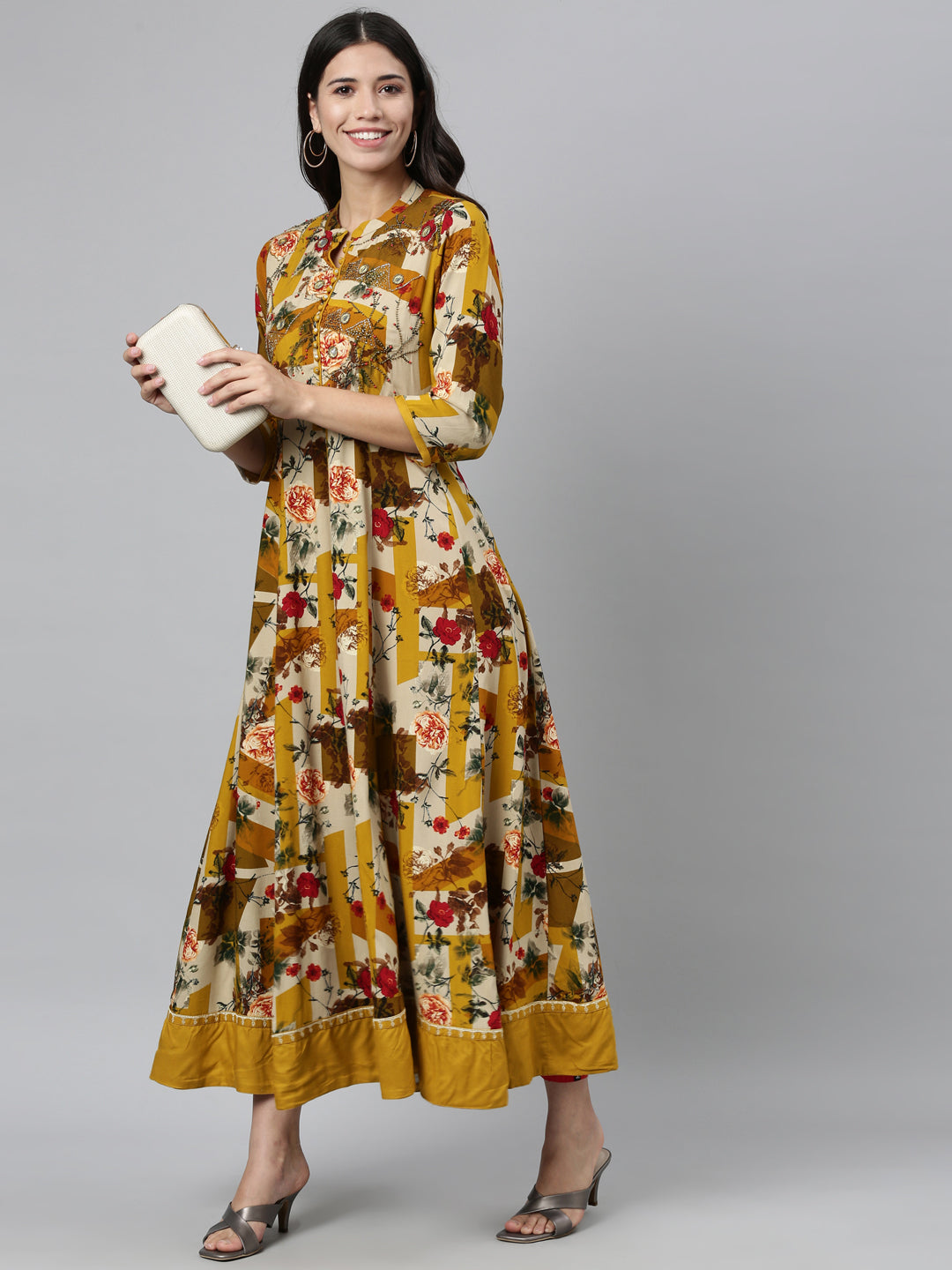 Neerus Yellow Rayon Mirror Work Kurti - detail view 1