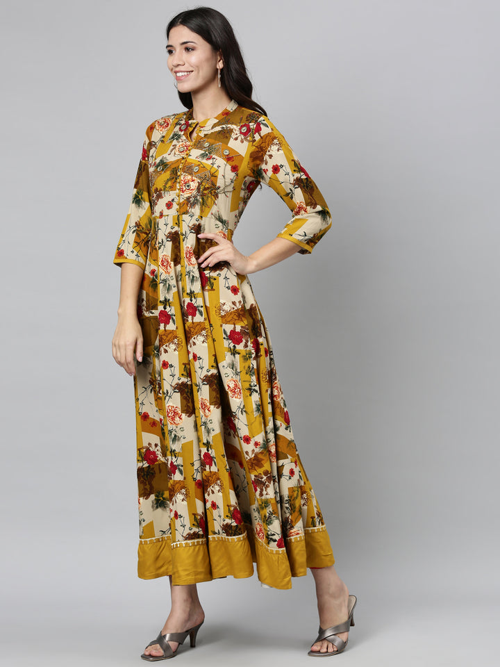 Neerus Yellow Rayon Mirror Work Kurti - detail view 2