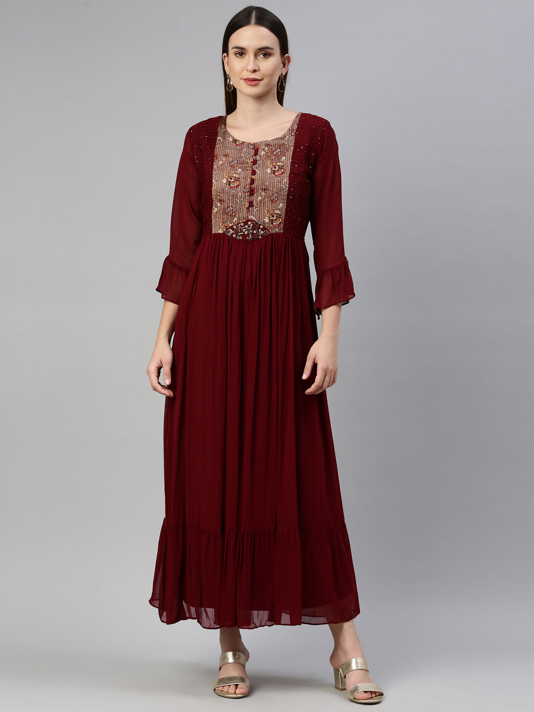 Neerus Maroon Solid Georgette Maxi Gown for Festive Women – Neerus India