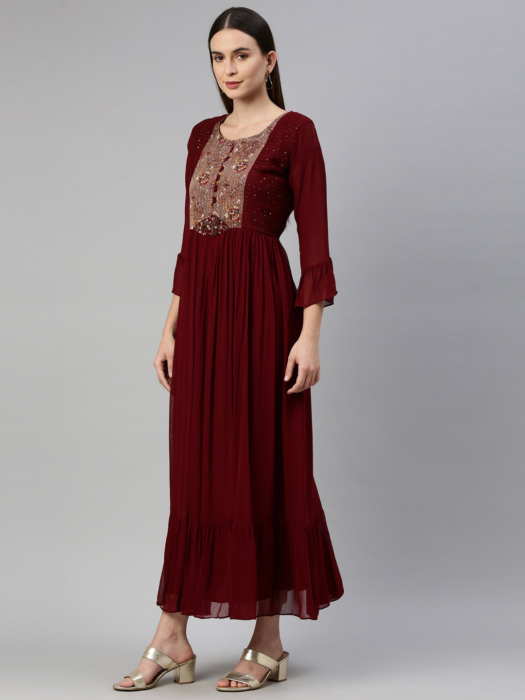 Neerus Maroon georgette maxi gown - side view