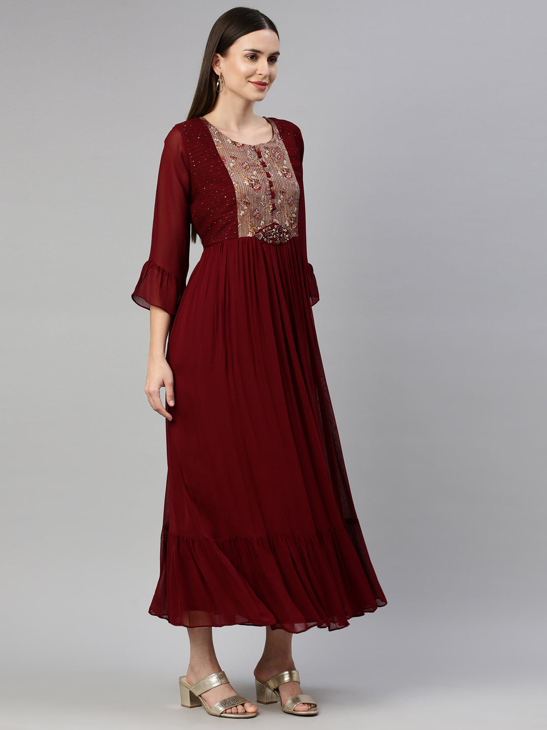 Neerus Maroon georgette maxi gown - detail view 1