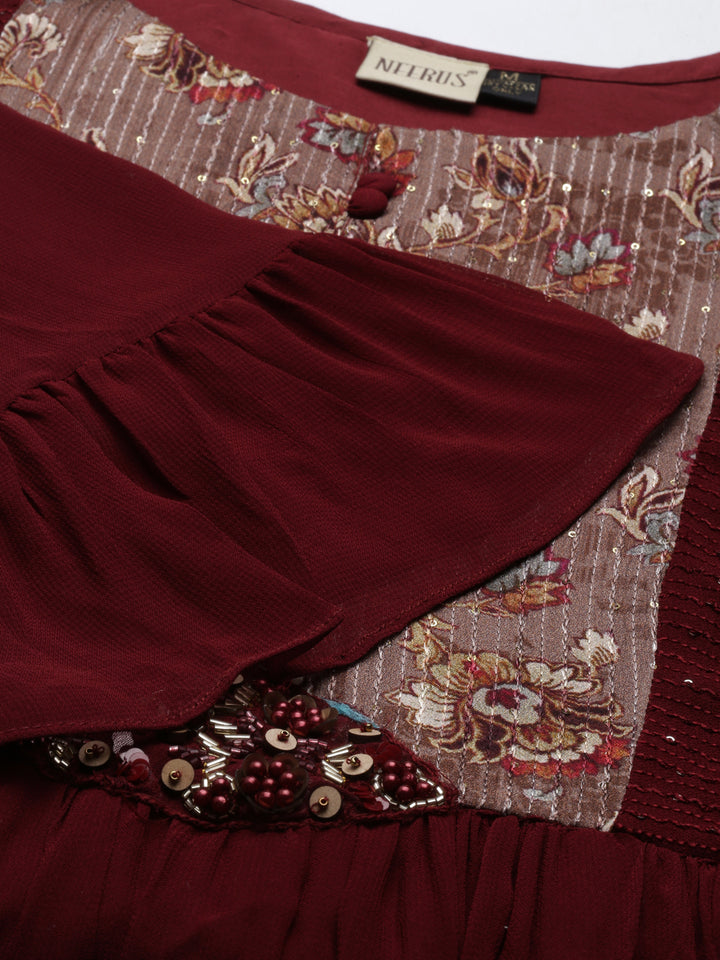 Neerus Maroon georgette maxi gown - detail view 4