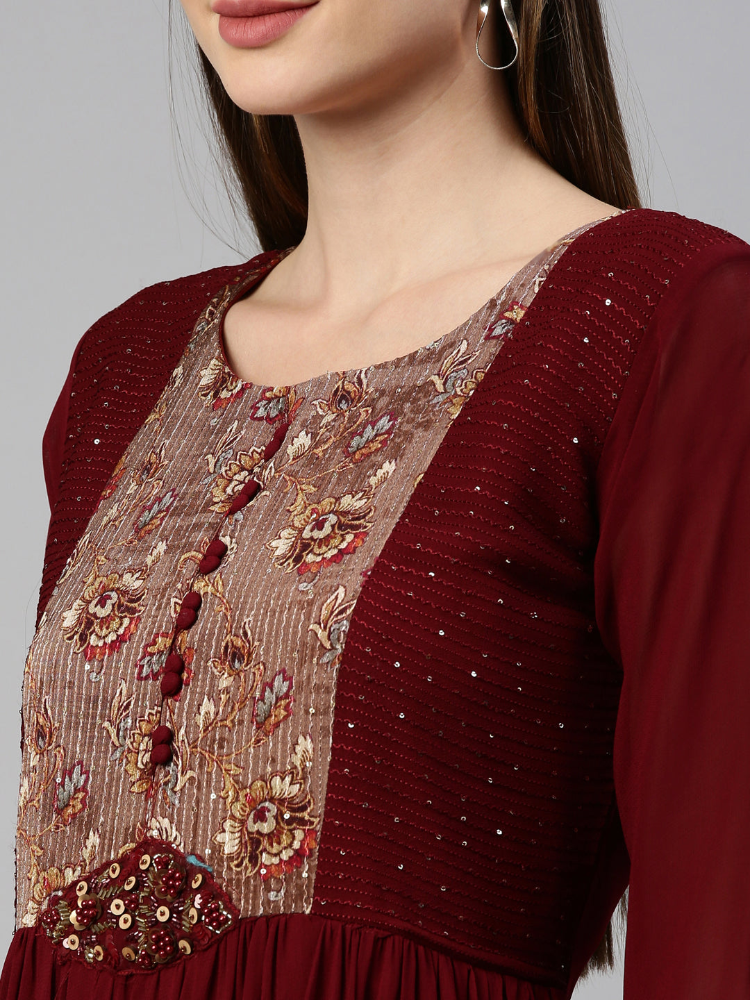 Neerus Maroon georgette maxi gown - detail view 5