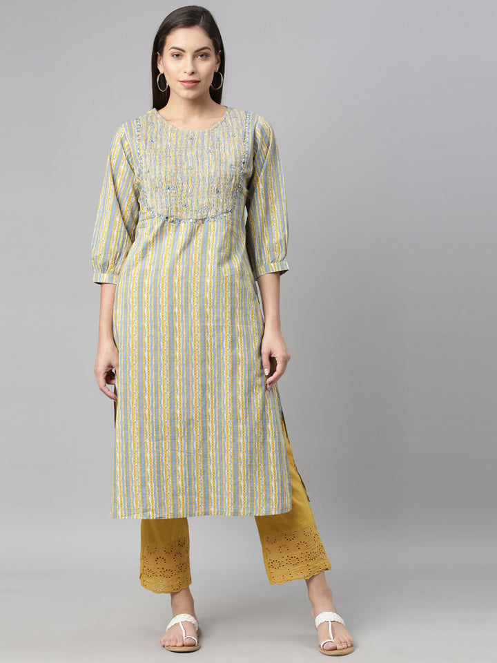 Neerus Blue Color Cotton Fabric Kurta