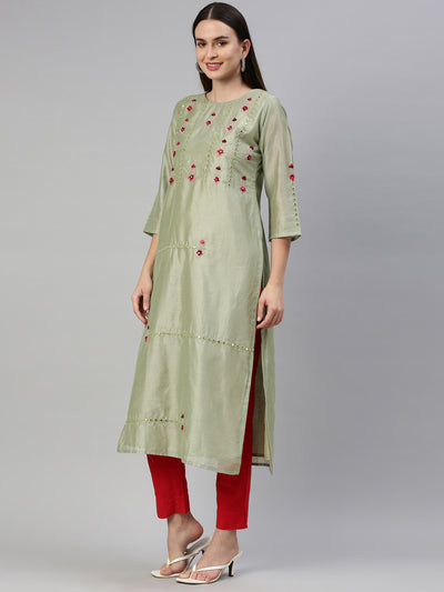 Neeru'S Pista Color Tussar Fabric Kurta