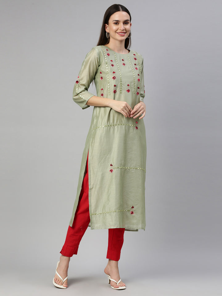 Neerus Green Tussar Silk straight kurti - detail view 1