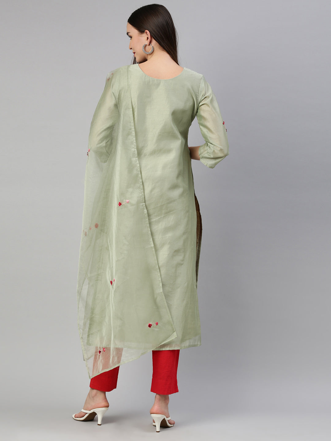Neerus Green Tussar Silk straight kurti - detail view 2