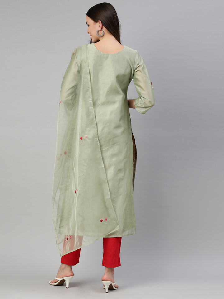 Neerus Green Tussar Silk straight kurti - detail view 2