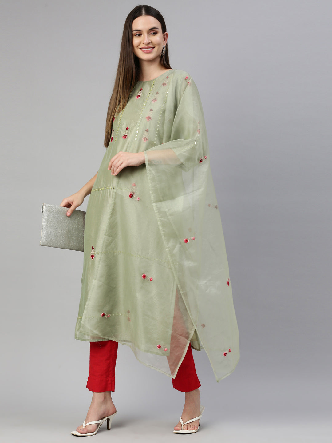 Neeru'S Pista Color Tussar Fabric Kurta
